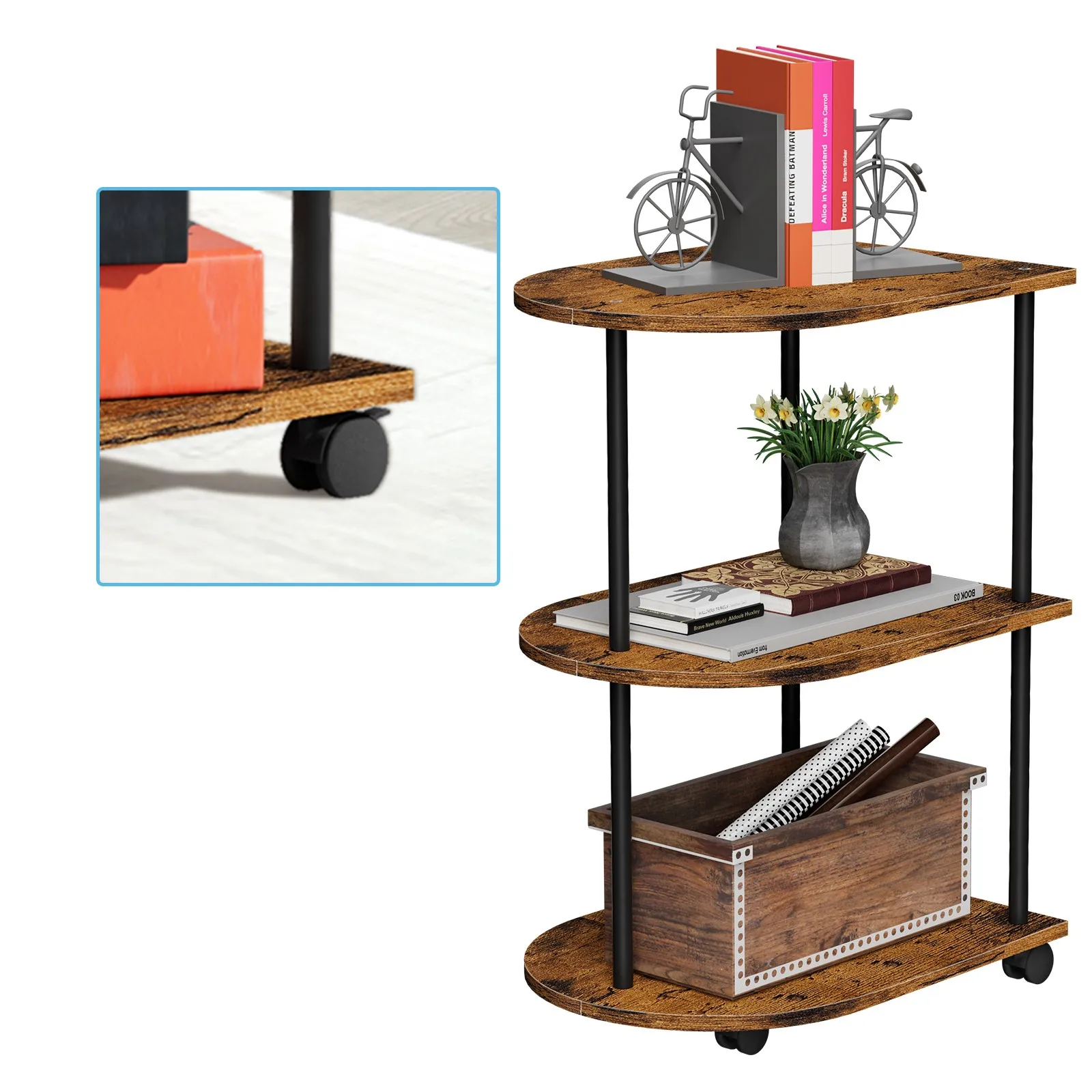 

3-Tier Narrow Side Table with Wheels Small Coffee Accent Table for Living Room