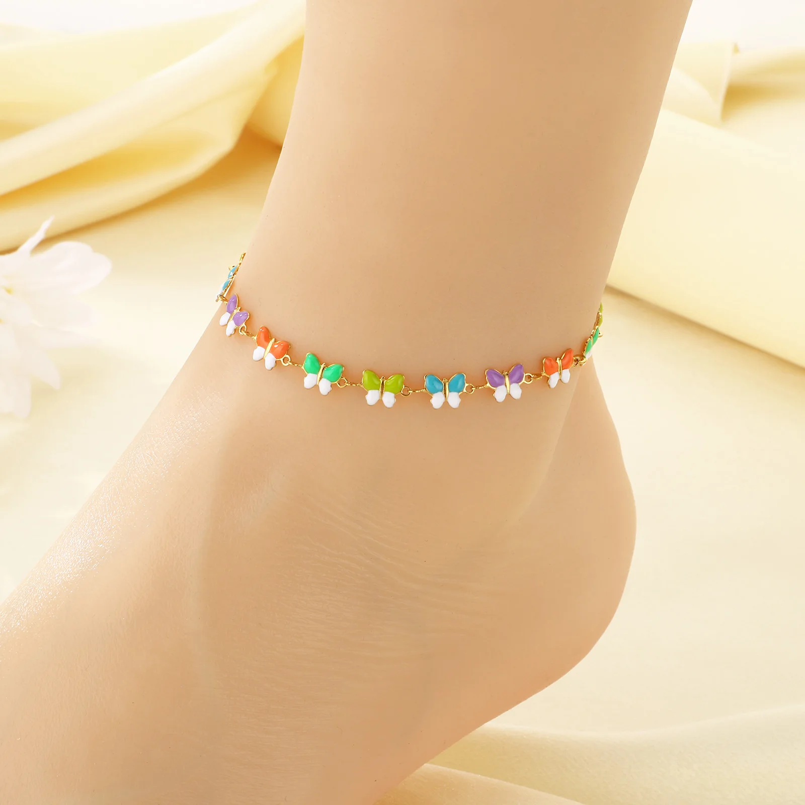 5pcs/lot Wholesale Rainbow Enamel Wheat Link Anklet for Women Stainless Steel Fishbone Chain Summer Beach Foot Jewelry