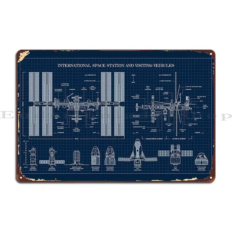 International Space Station Iss And Visiting Vehicles Navy Blueprint Metal Plaque Poster Wall Custom Wall Mural Tin Sign Poster