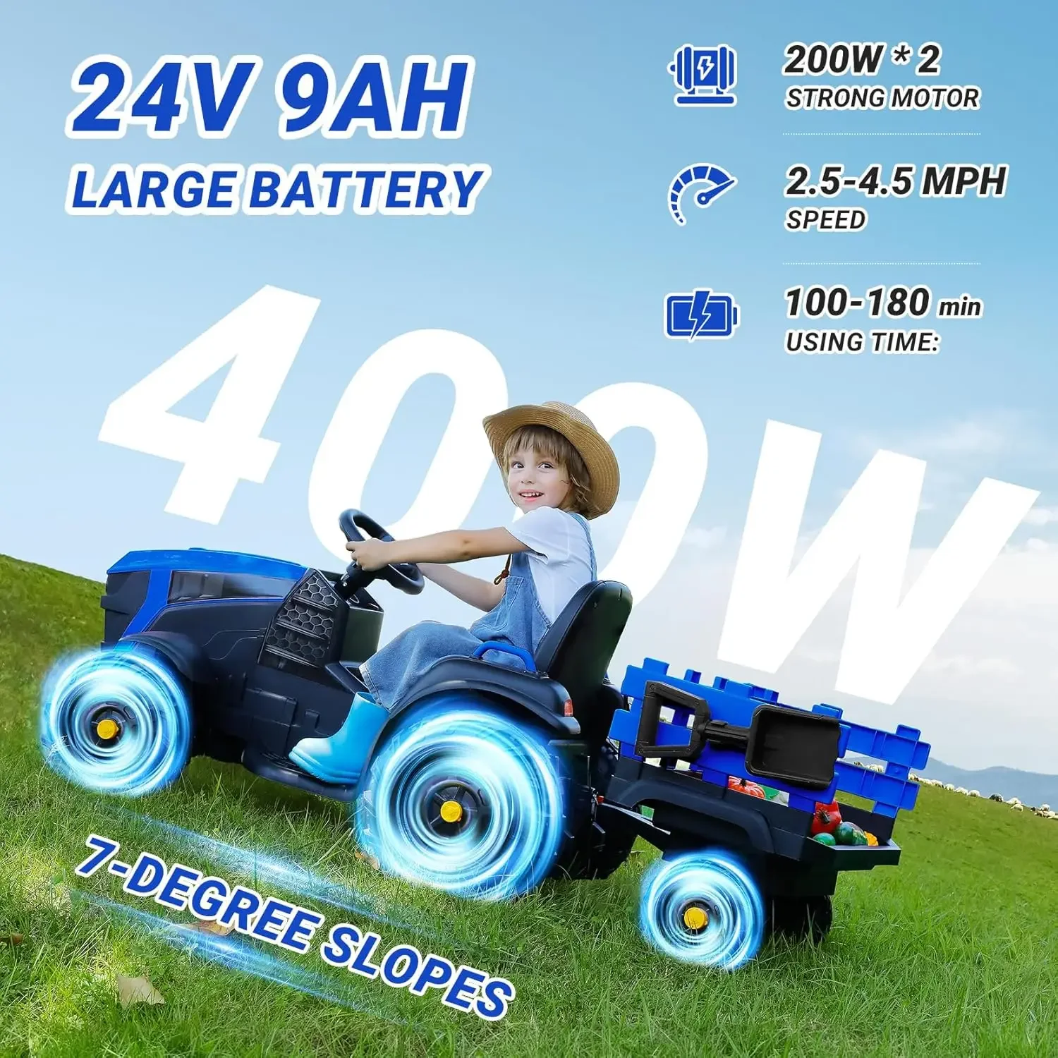 Ride on Tractor with Easy Detachable Trailer, 24V Ride on Toys for Big Kids, 400W Electric Vehicles Ride On Trac