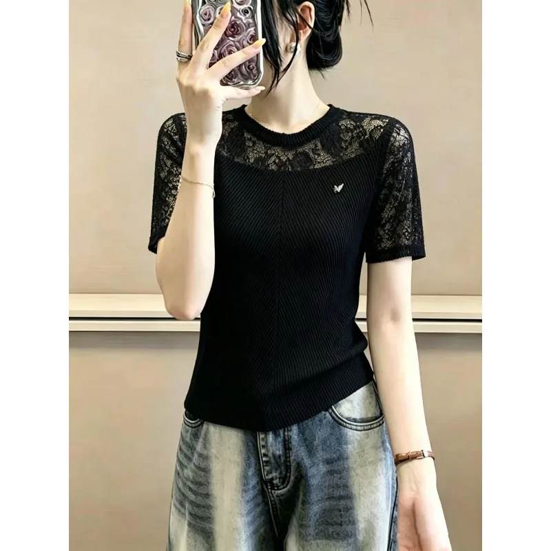 Miyake Pleated T-Shirt Plisse Women 2026 Summer New Fold Solid Color Elegant Lace Patchwork Round Neck Pleats Loose Slimming Top