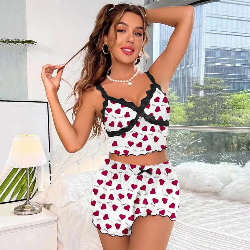 Lace Suspenders Lace Contrast Color Bow Shorts Suit Women's Home Clothes