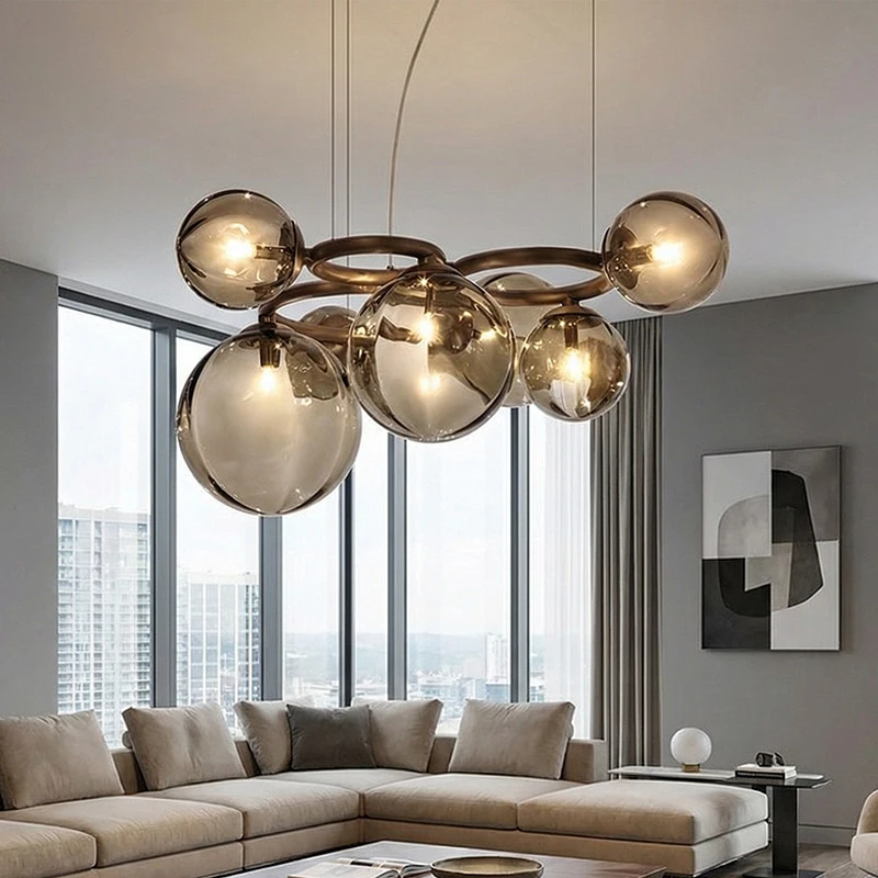Modern Gray Glass Chandelier for Living Dining Room Bedroom Loft Nordic Designer Creative Pendant Light Magic Beans Hanging Lamp