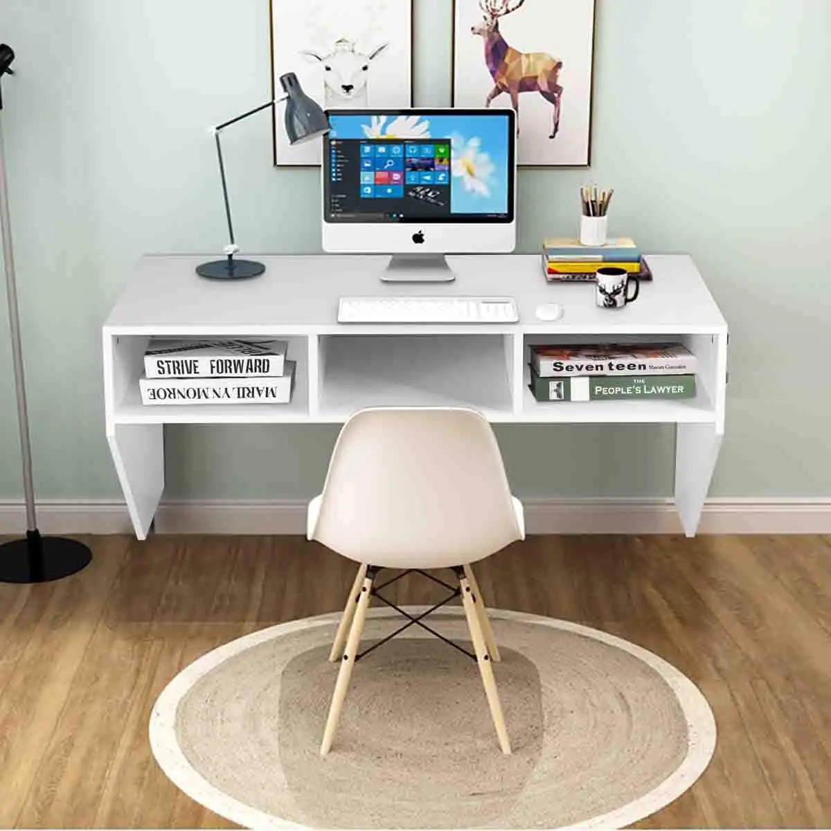 Floating Wall Mounted Desk with Storage Shelves Home Office Workstation Laptop Table White Wall Hanging Computer Desk