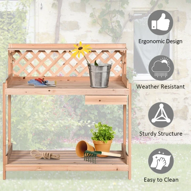 Outdoor Garden Potting Bench,  w/ Drawer, Hooks, Open Shelf, Lower Storage and Lattice Back for Patio, Backyard and Porch