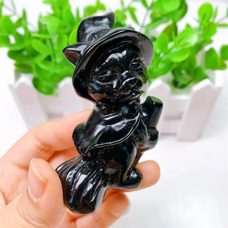 Natural Black Obsidian Witch Cat Carving Crystal Healing Home Decor Creative Christmas Gift 1pcs