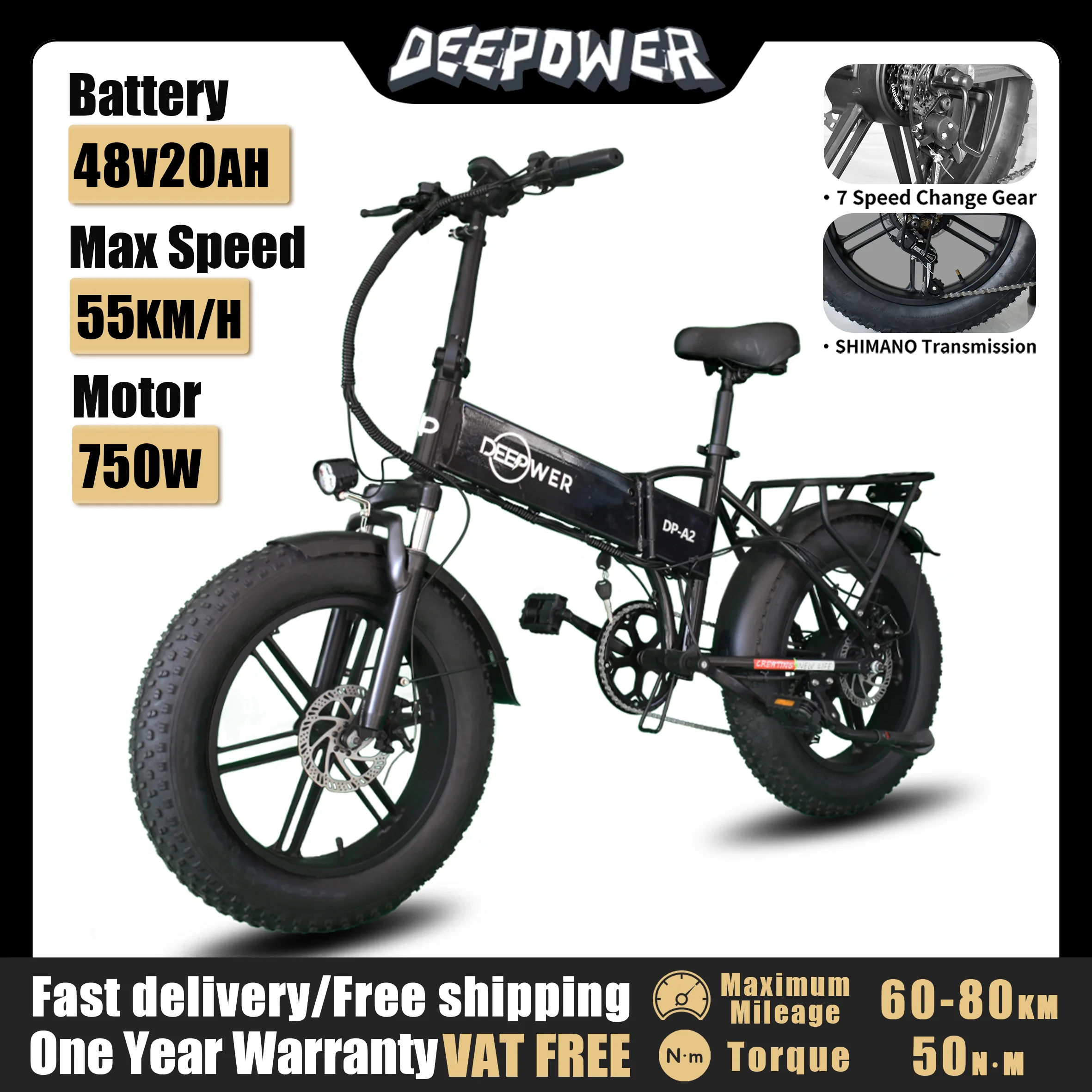 DEEPOWER A2 Electric Bicycle 750W 48V 20AH  Fat Tire 20Inch Folding Mountain ebike  Outdoor Adult Off-Road Ebike Bicycle