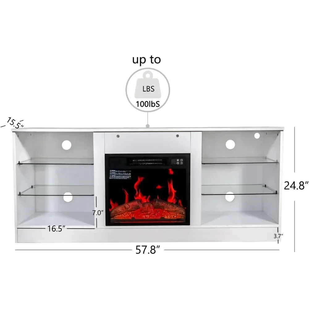 Mueble TV con chimenea con luces LED, consola TV moderna con chimenea eléctrica en salón dormitorio, para televisores de hasta 65".