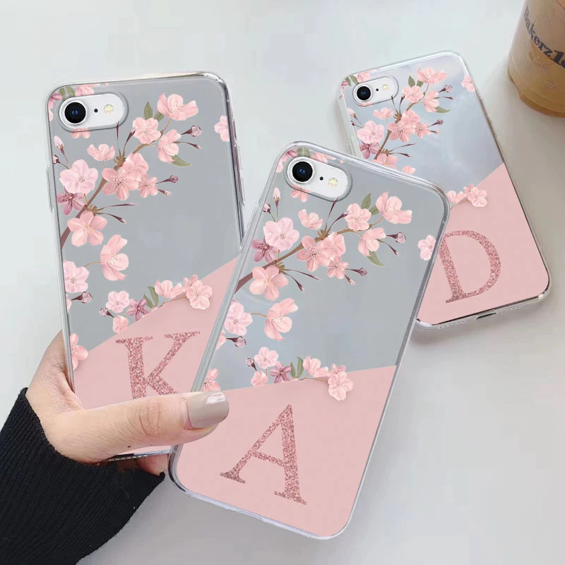 Etui z literami Flowers do iphone 7 8 Plus SE 2020 Capa Clear Soft Silicone Cover do iphone 7plus 8+ Fundas Alphabet Transparent