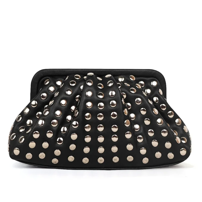 

Distinctive Design Clutch Purse Luxury For Women New In Black Soft Faux Leather Fashion Rivet Magnetic Buckle Shell Shape Wallet