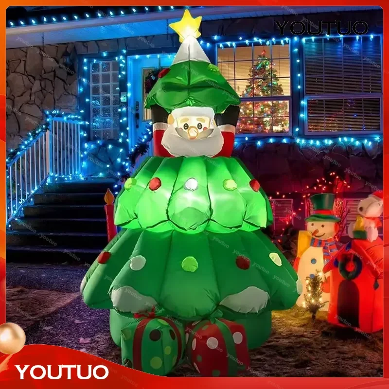 for LED Light-up Christmas Inflatable Santa Claus Movable Air Model Elevating Christmas Tree Decorative Ornament with Gift