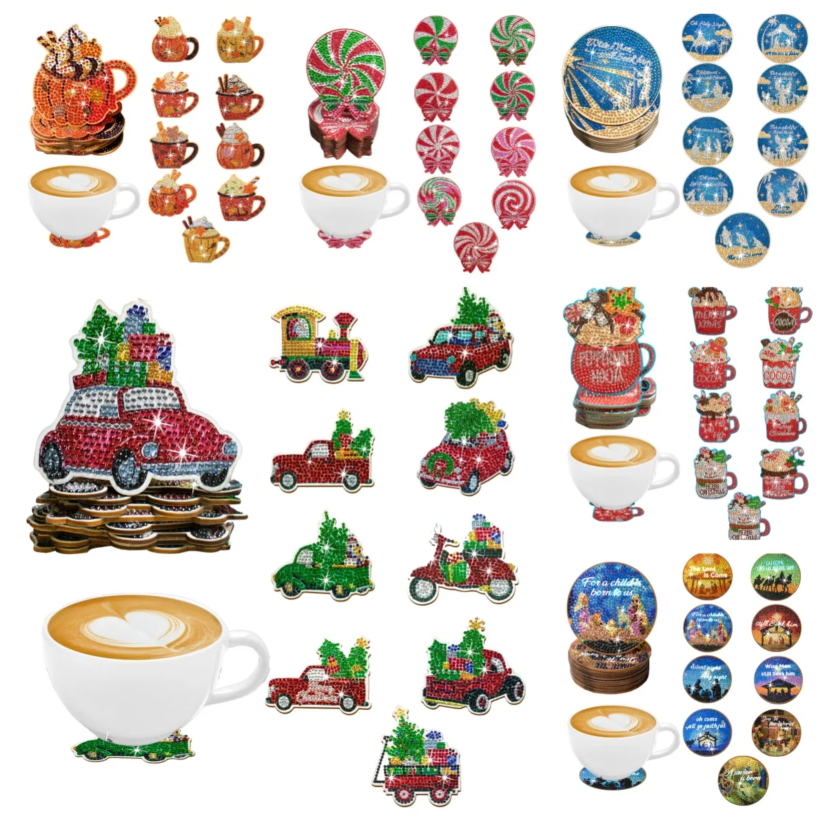 10-teiliges Set mit diamantbemalten Untersetzern zum Selbermachen, rutschfeste Holzuntersetzer mit Weihnachtsmotiv, Wohnzimmer, Küche