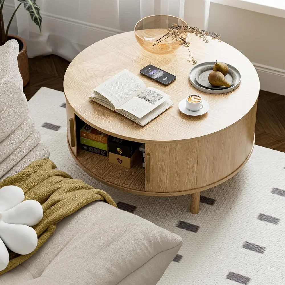طاولة قهوة لغرفة المعيشة، طاولة قهوة مستديرة حديثة مع خزائن وأبواب منزلقة، مساحة صغيرة للمنزل، علامة تبويب مركزية مخددة 29.9 بوصة