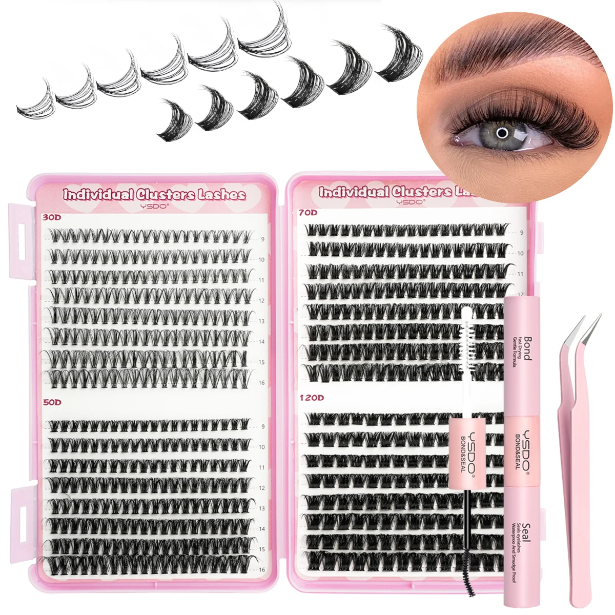 Individual Lashes C/D Curl DIY False Eyelashes Makeup Lash Clusters Set Eyelash Extension Kit Lashes Bond and Seal Make Up Tool