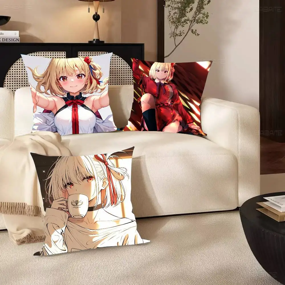 Chisato Nishikigi Anime Lycoris Recoil Pillow Case Fashion Square Pillowcase Bedroom Sofa Room Ins Decoration Leisure