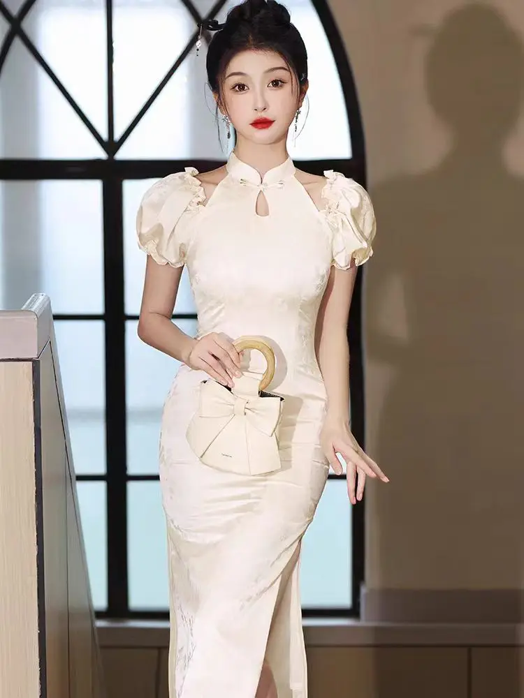 

Chinese Improved Chinese Cheongsam Traditional Retro Fashion Style Open-shouldered Cheongsam Wedding Party Qipao Dress