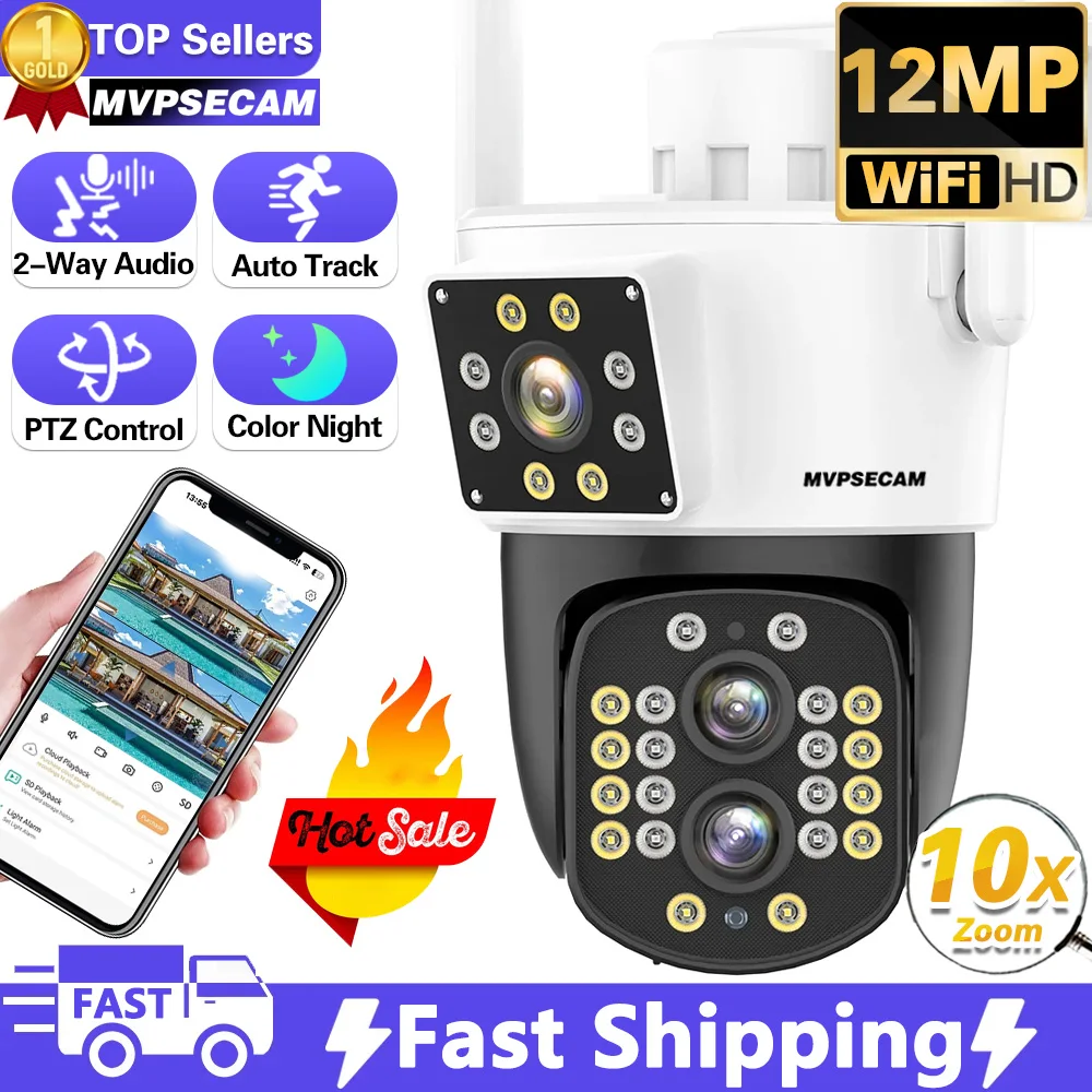 

HD 12MP 6K PTZ IP Camera WiFi 8MP 10X Zoom Three Lens Home Security Protection Motion Detection Outdoor Street CCTV Surveillance