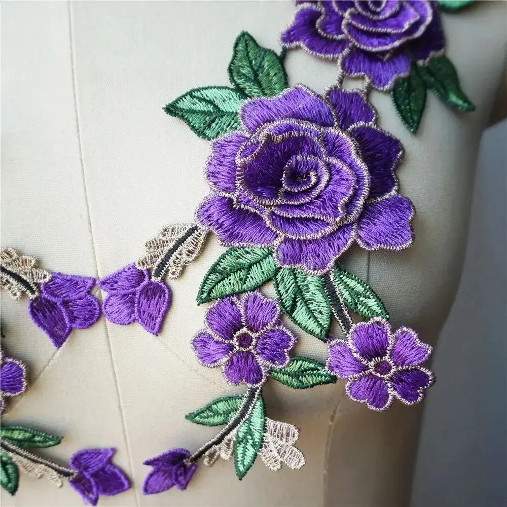 3D Flower Embroidery Flower Applique Blue Purple 12cm x 28cm Sew On Patch Rose Flower Patch Crafts Clothing Accessories