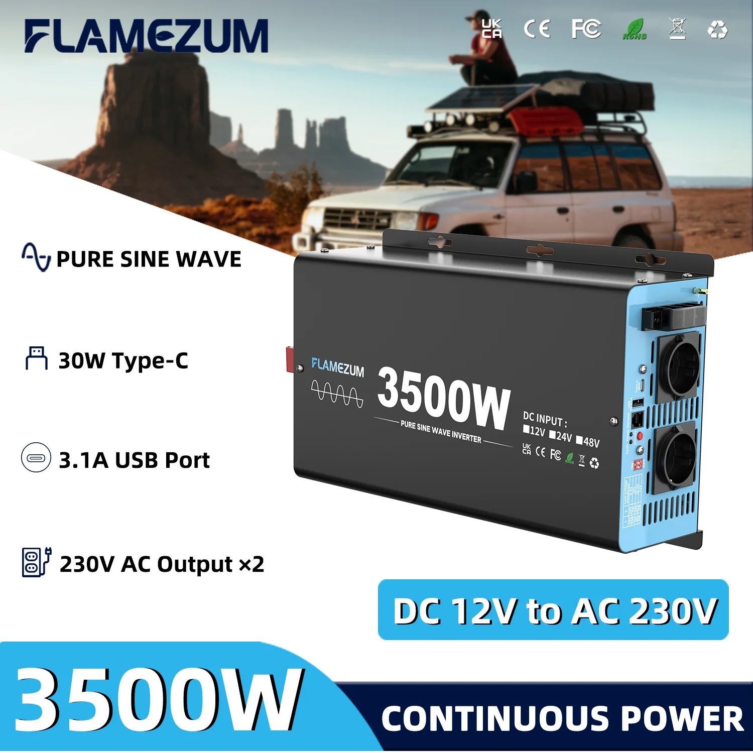 

3500W Continuous Power Pure Sine Wave Inverter Peak Power 7000W DC 12V to AC 230V 50HZ EU Socket LCD Car Voltmeter Converter