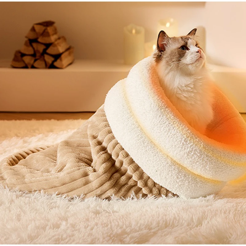 Katzenschlafsack, warm, flauschig, geschlossener Tunnel, Katzenbett für Hauskatzen, Katzenhöhlenbett, gemütliches, selbstwärmendes Haustierbett für Kätzchen – Detail 6