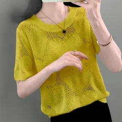 Fashion O-Neck Solid Color Knitted Hollow Out T-Shirts Women's Clothing 2024 Summer New Loose All-match Tops Commuter Tee Shirt