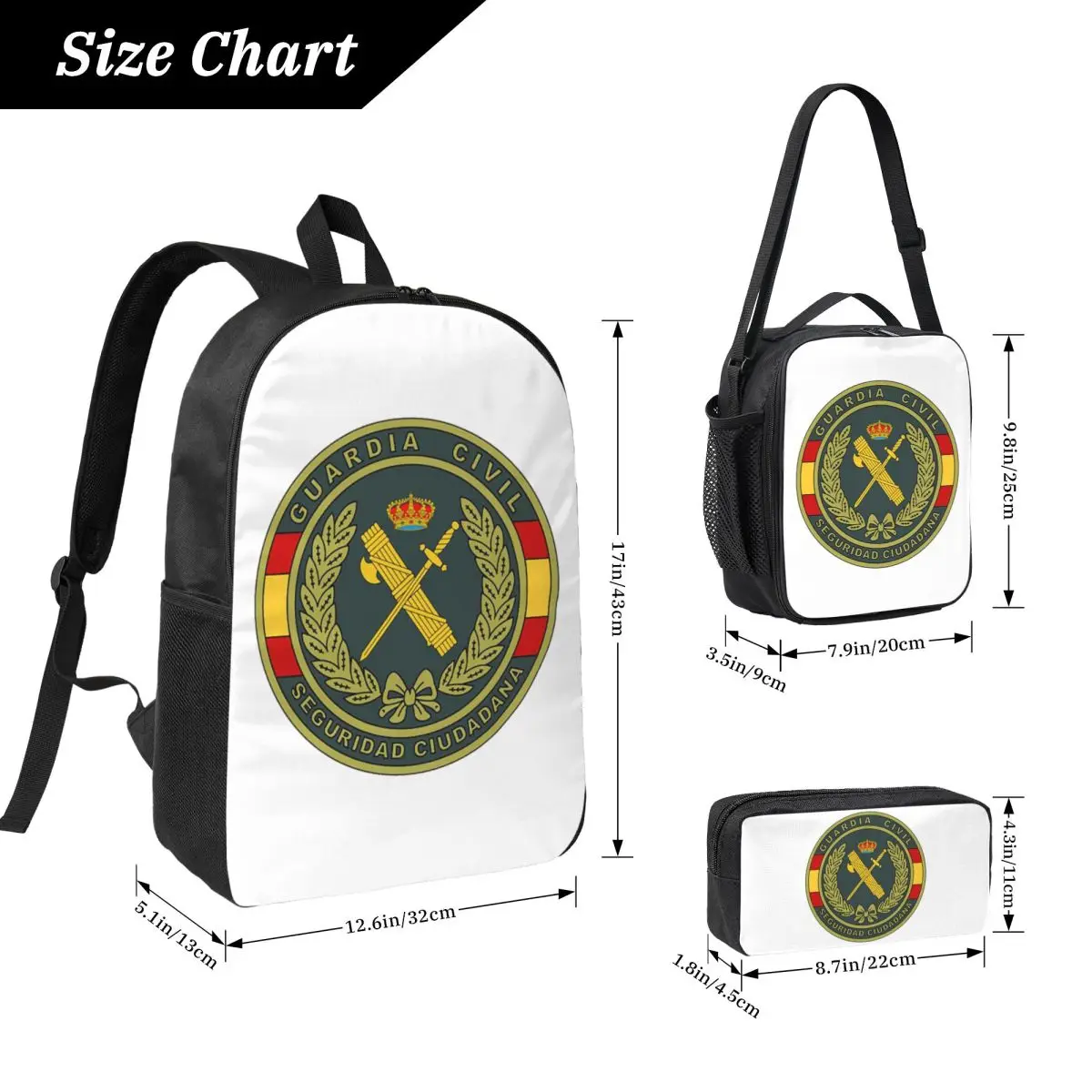 Emblem Of The Spanish Civil Guard Backpack Student BookBag School Bag Computer Shoulder Bags 3ps Insulated Lunch Bag Pencil Case