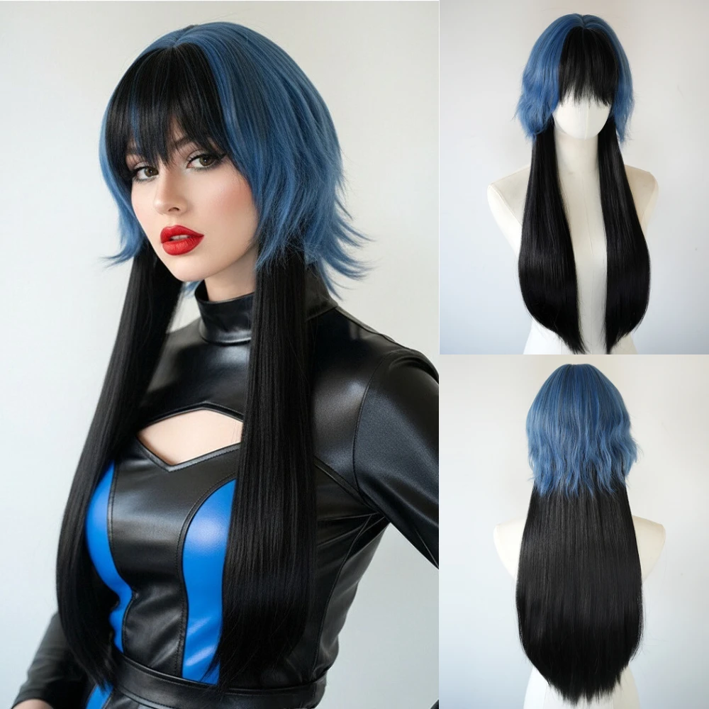 

Blue Ombre Black Color Wig Long Straight Lolita Style Synthetic Hair For Halloween Party Cosplay Daily Use With Bangs