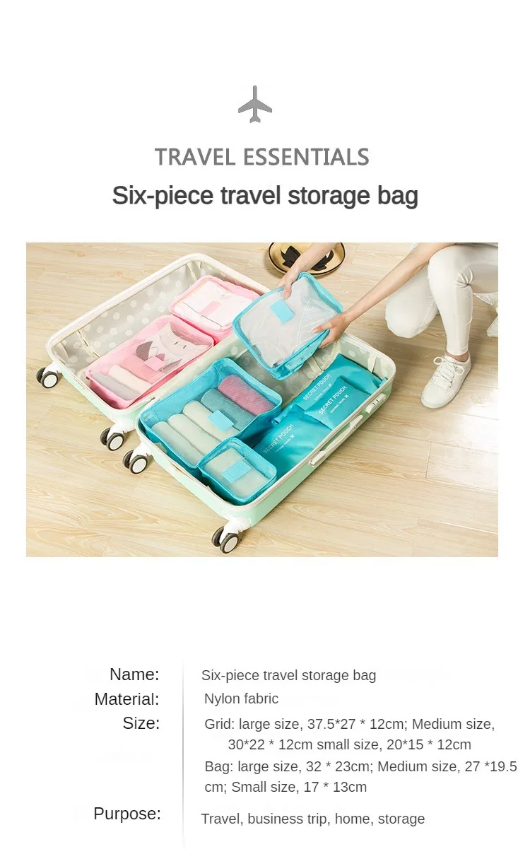 6-teiliges Set Reise-Aufbewahrungstasche, tragbar, große Kapazität, wasserdichtes Gepäckfach, Kleidung, Unterwäsche, Aufbewahrungstasche mit Reißverschluss – Detail 1