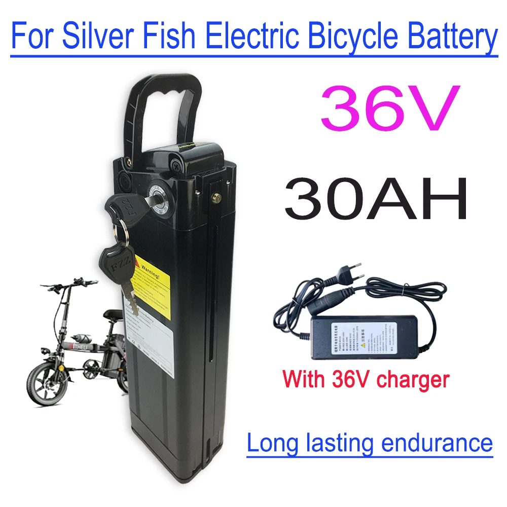 

Ebike battery pack Silver Fish 36V 30Ah 18650 Li-ion Battery Pack ,with Aluminum Case Anti-theft Lock+charger