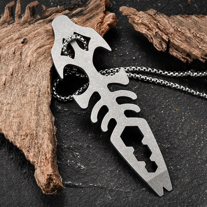 Titanium Alloy EDC Crowbar Fish Bone Shape Pry Bar with Necklace Keychain Gift Multifunctional EDC Survival Tool Bottle Opener