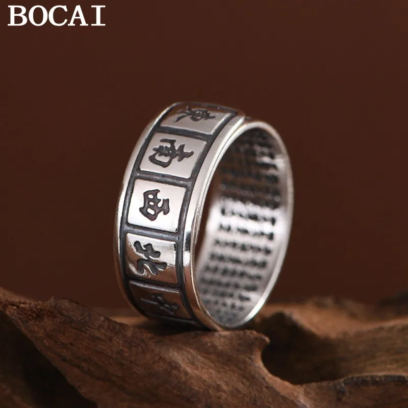 

BOCAI NEW S990 Pure Silver Personalized Retro Wide Version Mahjong Thirteen Open Ring