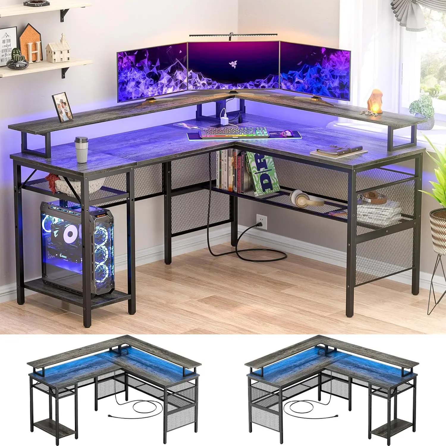 

Cool L Shaped Computer Desk, Reversible Corner Office Desk with Smart Strip Light and Magic Power Outlets