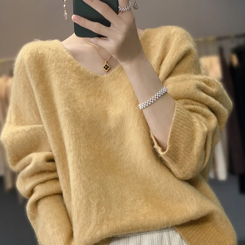 Autumn Winter Women 100% Pure Wool Cashmere Sweater V-neck Brushed Pullover Casual Knit Solid Color Regular Female Loose Tops