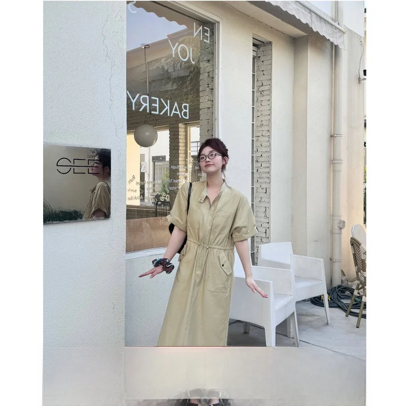 

Юбка JINGU Babelik Wasteland Workwear Dr round Ne ort Sve Dstring Waist Casual Sle однотонная длинная юбка