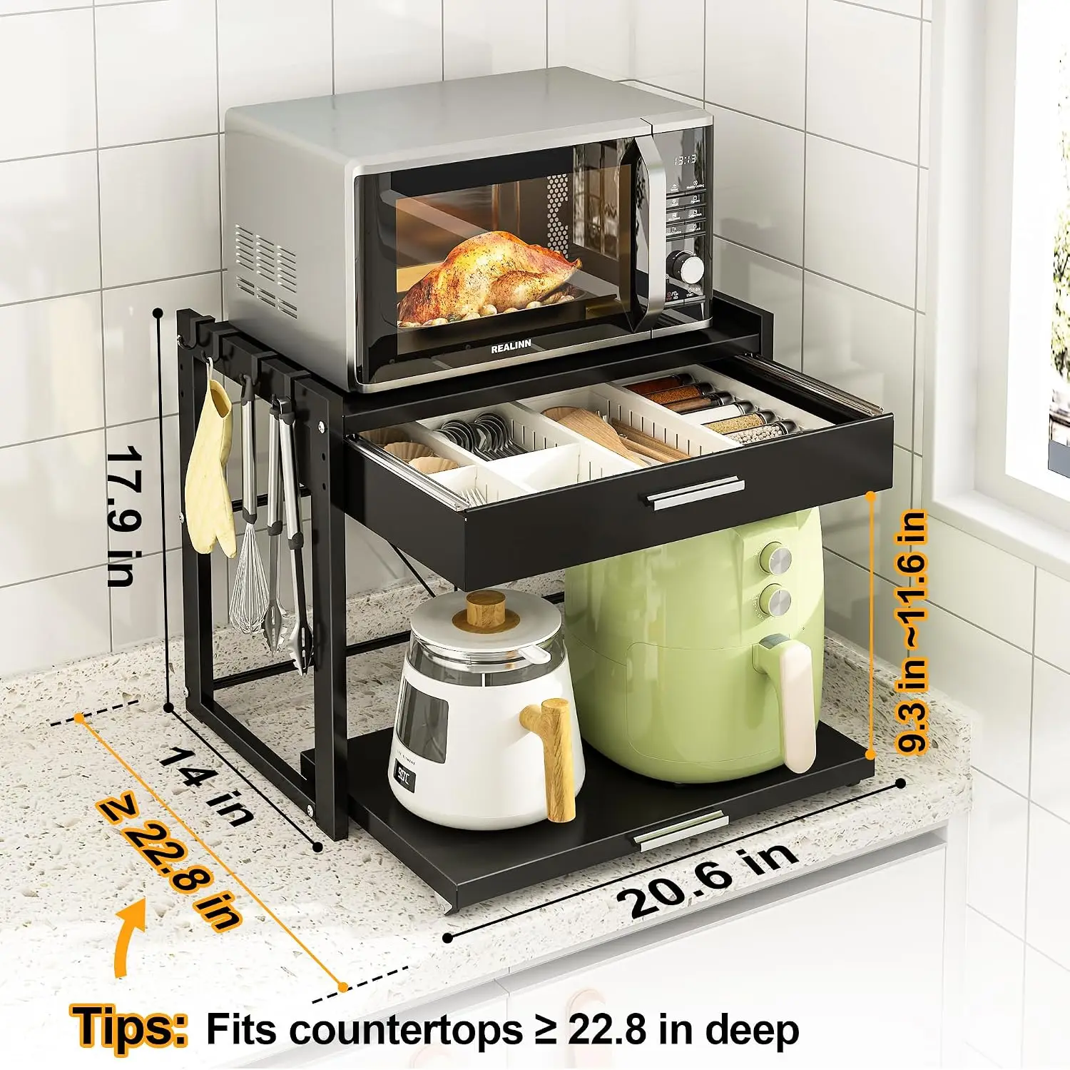 Microwave Stand with Pull-Out Drawer, 4 Hooks, Adjustable Shelf Fits Microwaves, Coffee Makers & Toasters In Smaller Kitchens