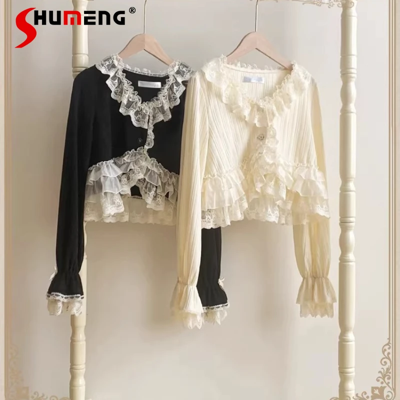 

Japanese Original Design Lace Trim Thin Knitted Cardigan Two-tone Single-breasted Clothes Lolita Sweet Y2k Sweater Top Female