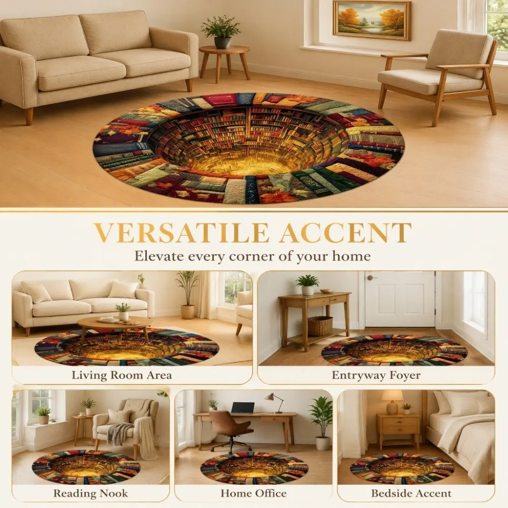 2D Flat Christmas Round Rug Bottomless Pit Polyester 3D Illusion Carpet Washable Fabric Santa Pattern Optical Delusion Doormat