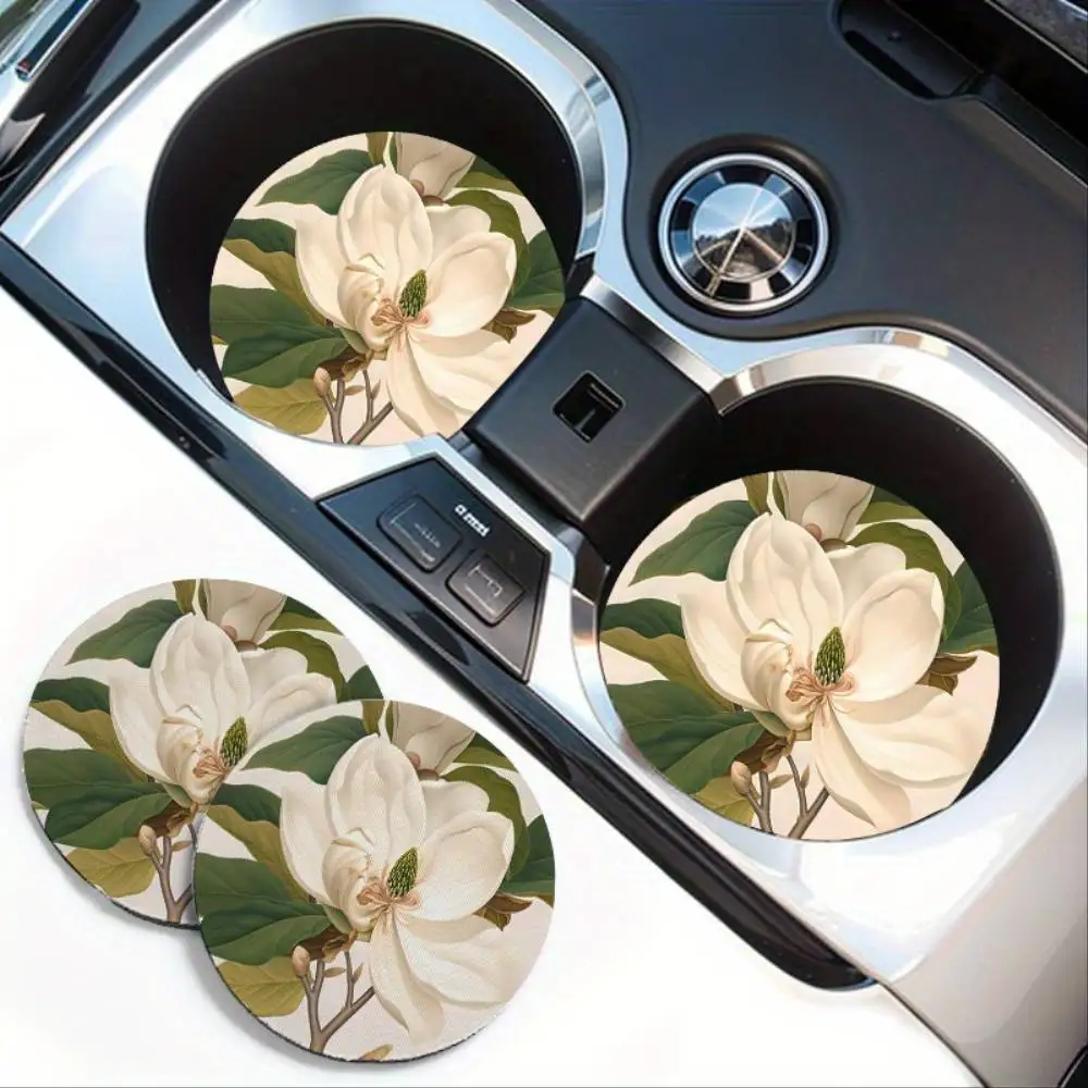 Elegant White Lily EVA Car Cup Holder Coasters 2pcs Non-Slip High-Quality Drink Mats For Vehicle Interiors