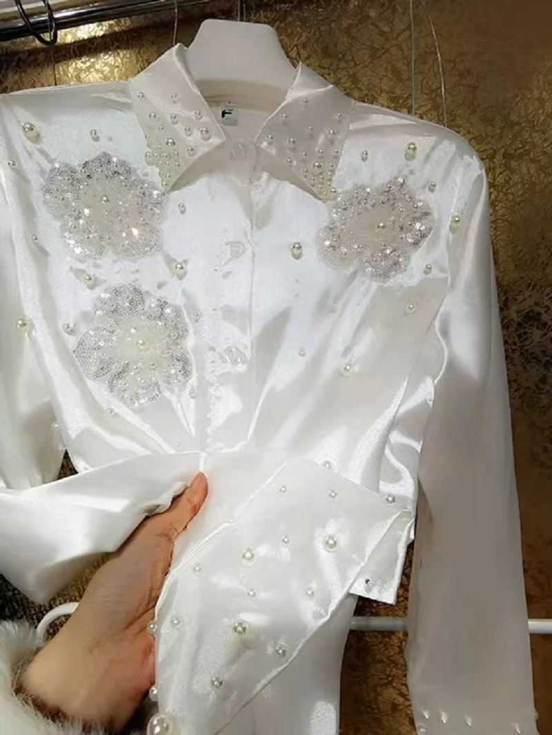 New In 2024 White Beaded Sequined Embroidery White Shirts For Women Long Sleeve Buttons Up Blouses Fashion Top