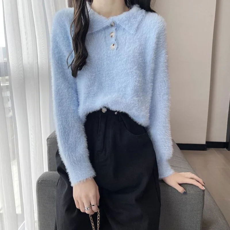 Blue Imitation Mink Velvet Lazy Style Tops Women Autumn Winter Long Sleeve Thick White Pullovers Female 2023 Wild Loose Sweater