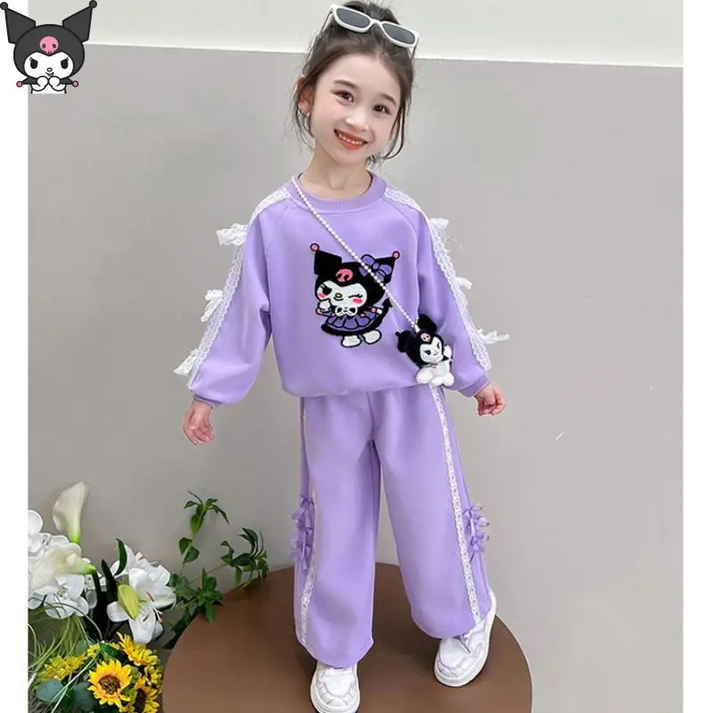 

Толстовка с бантом Kuromi My Melody Girl, комплект Kawaii, аниме, мультфильм Sanrio, весна-осень, новые брюки с длинными рукавами, модные повседневные брюки