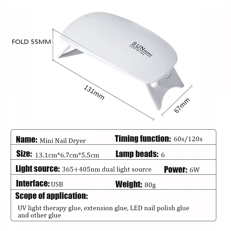 6W Mini Nail Dryer Machine Portable 6 LED UV Manicure Lamp Home Use Nail Lamp For Drying Nails Polish Varnish With USB Cable