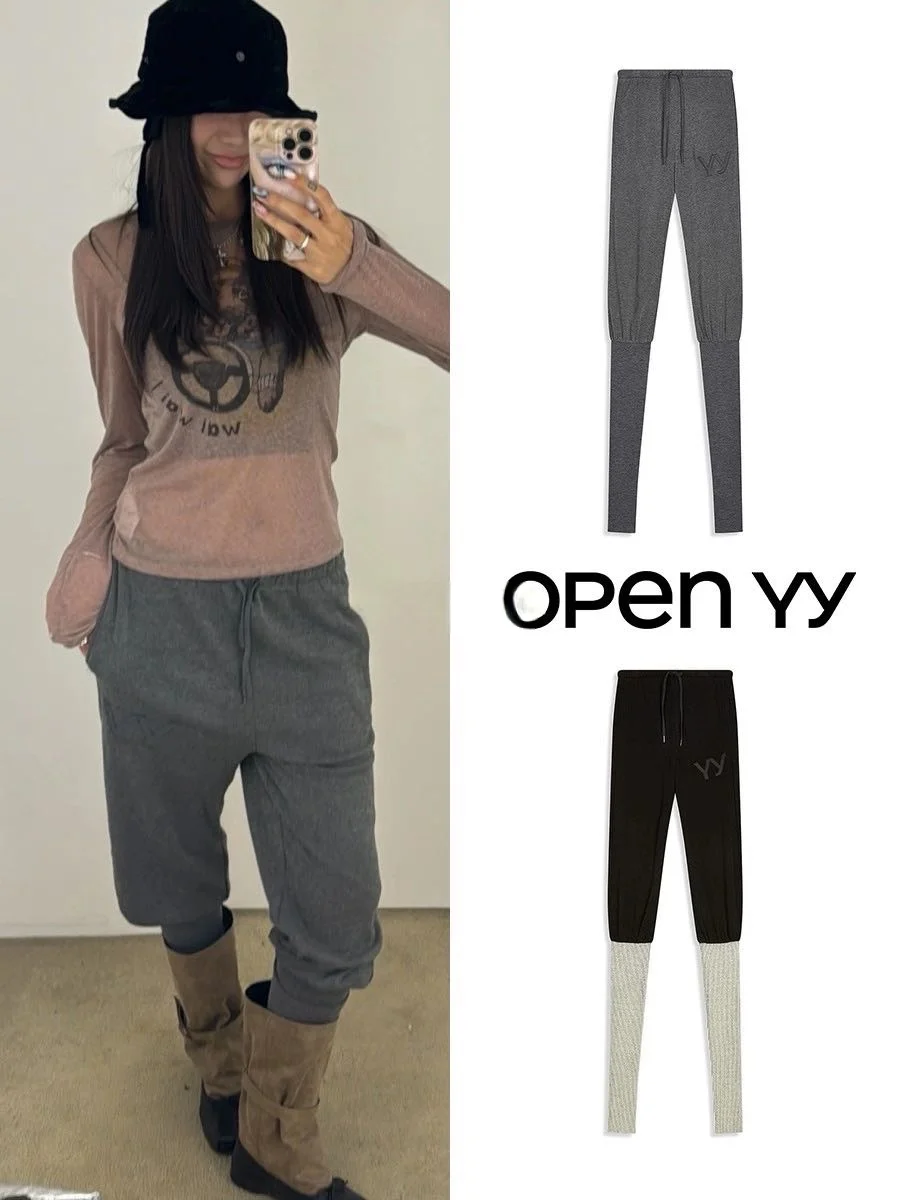 Knee-High Color Block Design OpenYY Autumn Winter Sheep Leg Pants High Waist Loose Fit Ladies Casual Trousers Korean Style