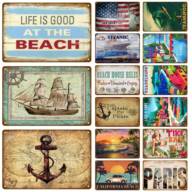 Vintage Summer Beach Metal Signs Famous City Landscape Poster Tin Sign Plate Retro Wall Art Decor For Living Room Home Seaside