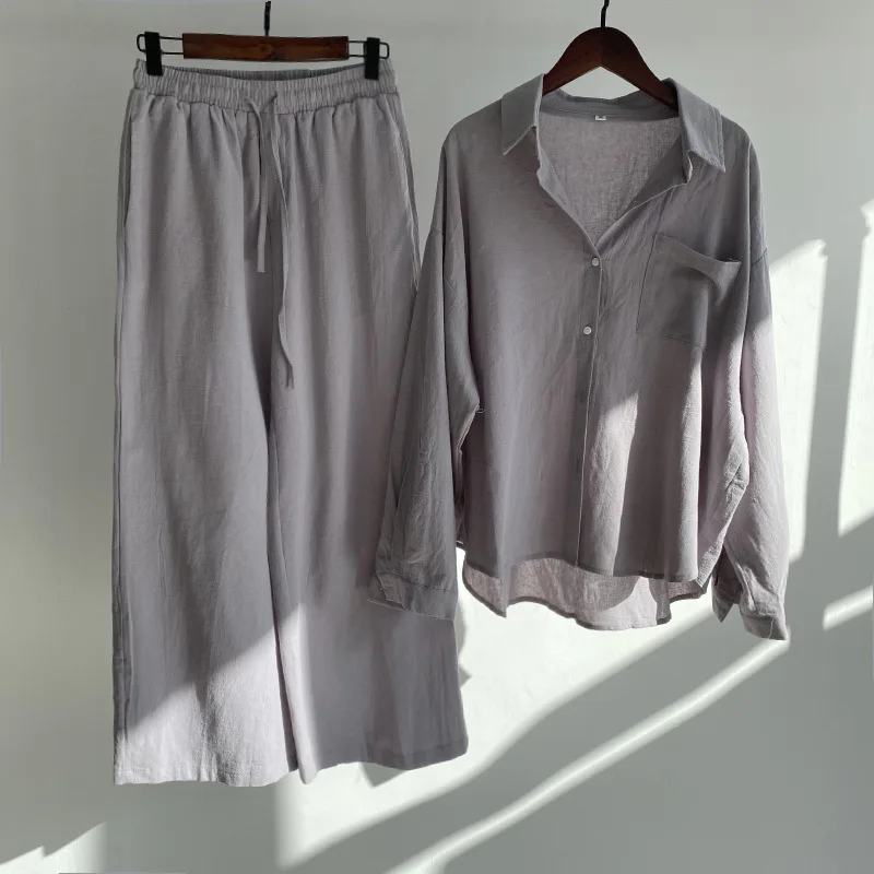Women Blouse Turn-down Collar Suit 2-piece Retro Plus Size 2024 Cotton Linen Twith High Waisted Loose Pants Set