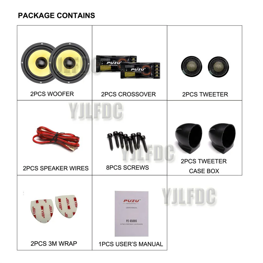 PZ-6509S Alto-falantes de áudio para carro com componente de 2 vias de 6,5 polegadas com cone de fibra de vidro de potência máxima de saída de 180 W