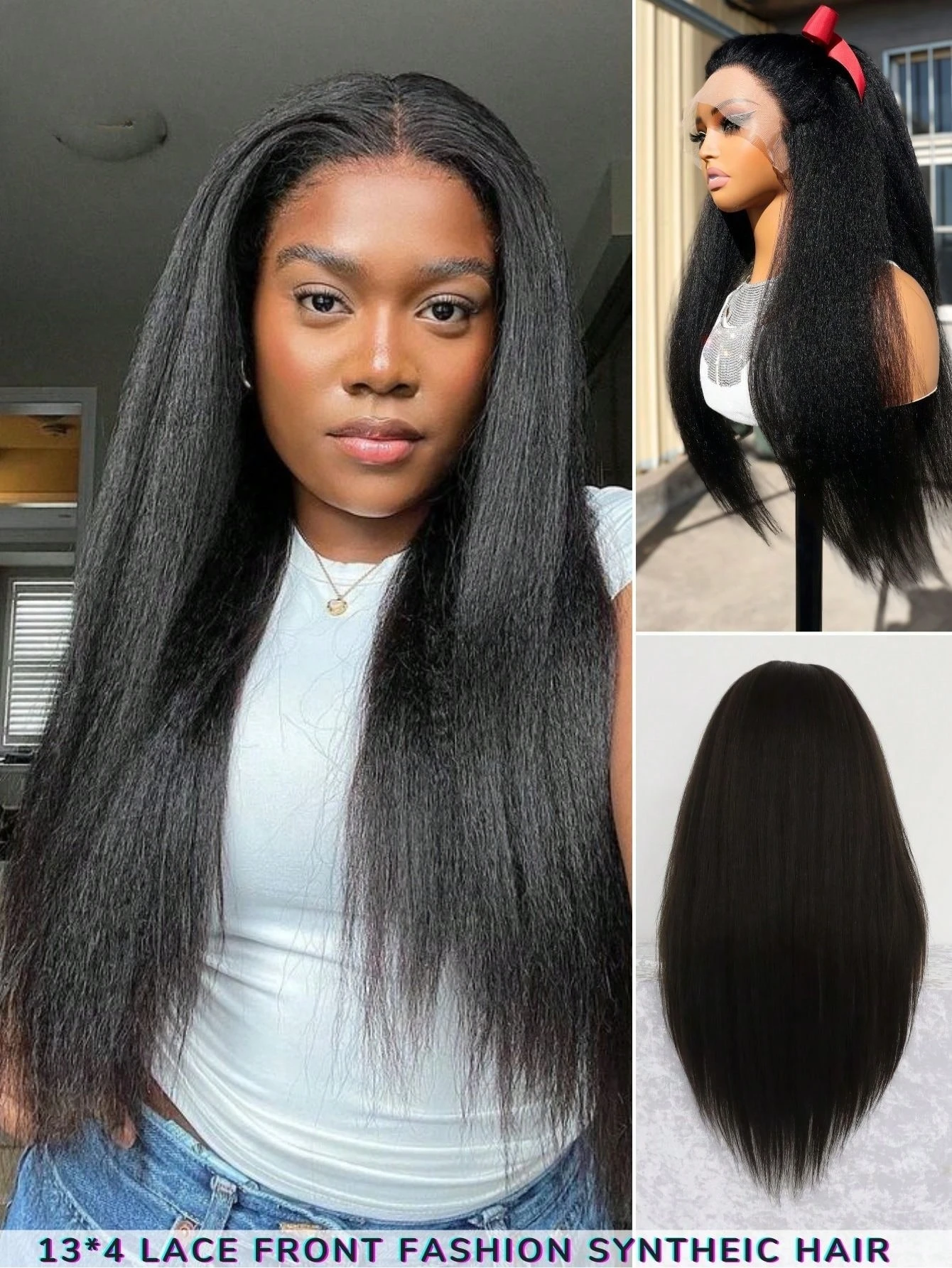 

Long Soft Yaki 180 Density Long Natural Black Kinky Straight 13x4 Lace Front Wig for Women Hair Wig Glueless Synthetic Lace Wigs