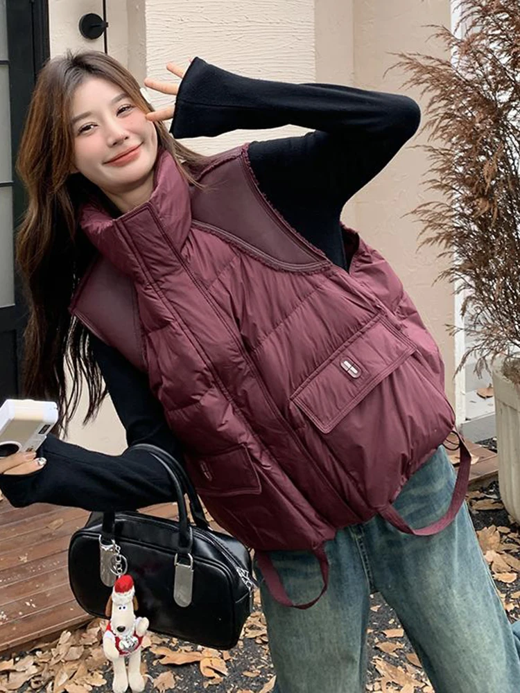 LANMREM Cotton Padded Vest Coats For Women Lapel Zipper Red Warm All Match Coats With Pocket 2024 Winter Female Clothing 2DB1202