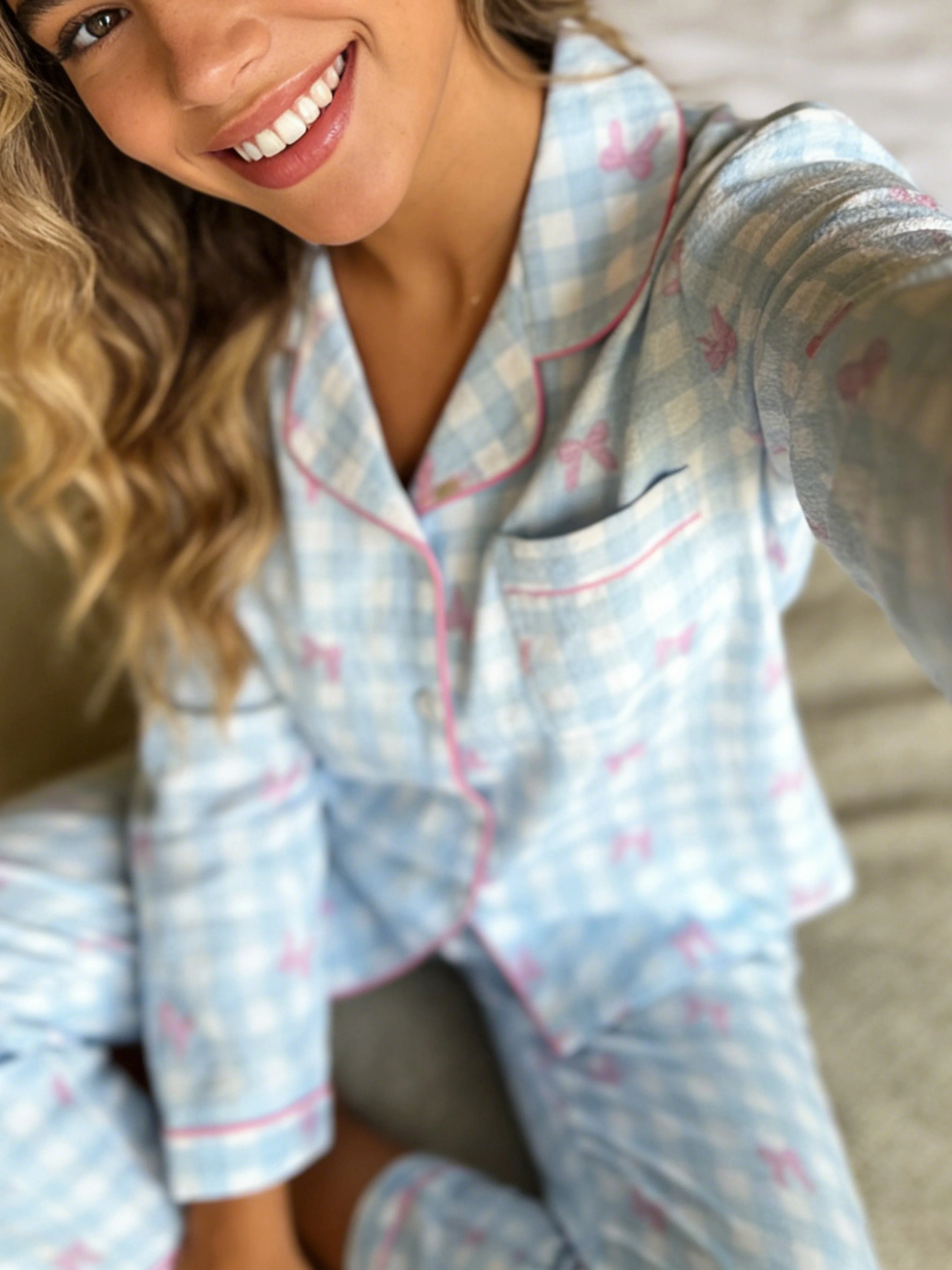 Women Pajamas Notch Lapel Long Sleeve Pants 2 Piece Set Spring Fall Winter Cute Bow Gingham Print Homewear image 5