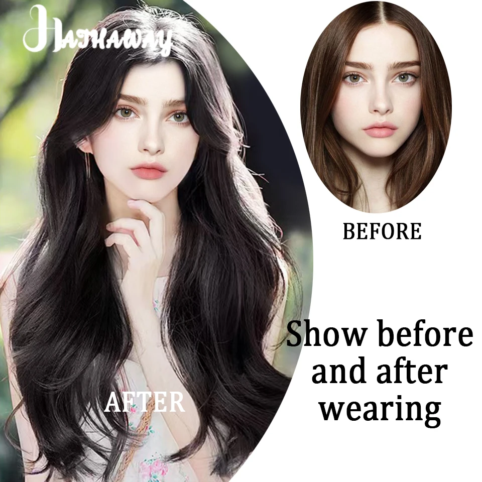 Eight Character Bangs Wave Wig Female Synthetic Long Hair Full Head Black Long Wave Natural Age-reducing Wig Daily Wear